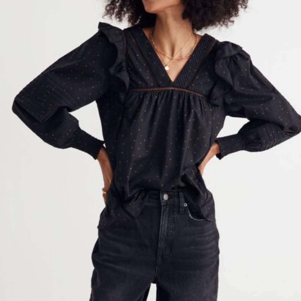 Madewell Women's Viole Ruffled Pintuck black cotton long sleeves blouse Top SZ L